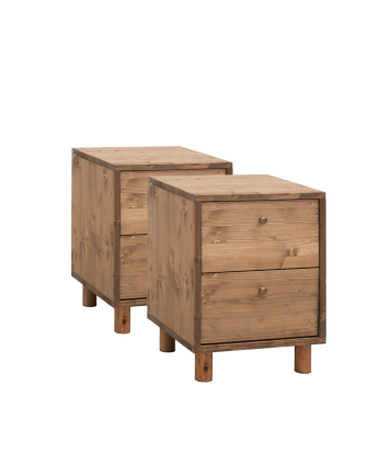 Pack de 2 tables de chevet en bois massif avec deux tiroirs ton chêne foncé de 51x38cm