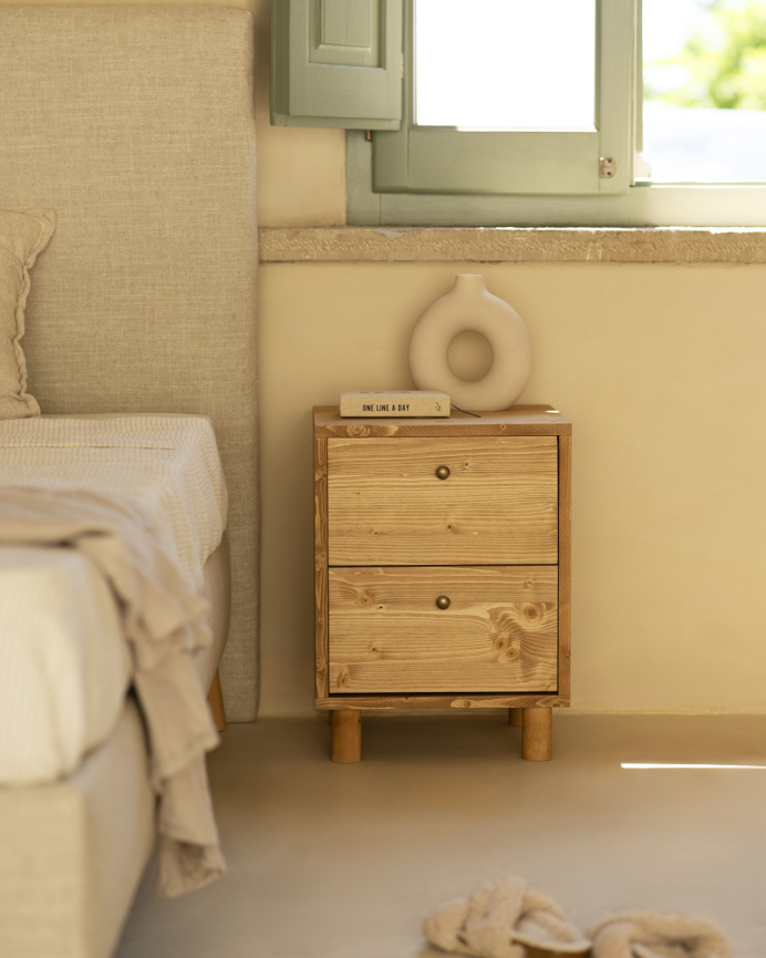 Pack de 2 tables de chevet en bois massif avec deux tiroirs ton chêne moyen de 51x38cm