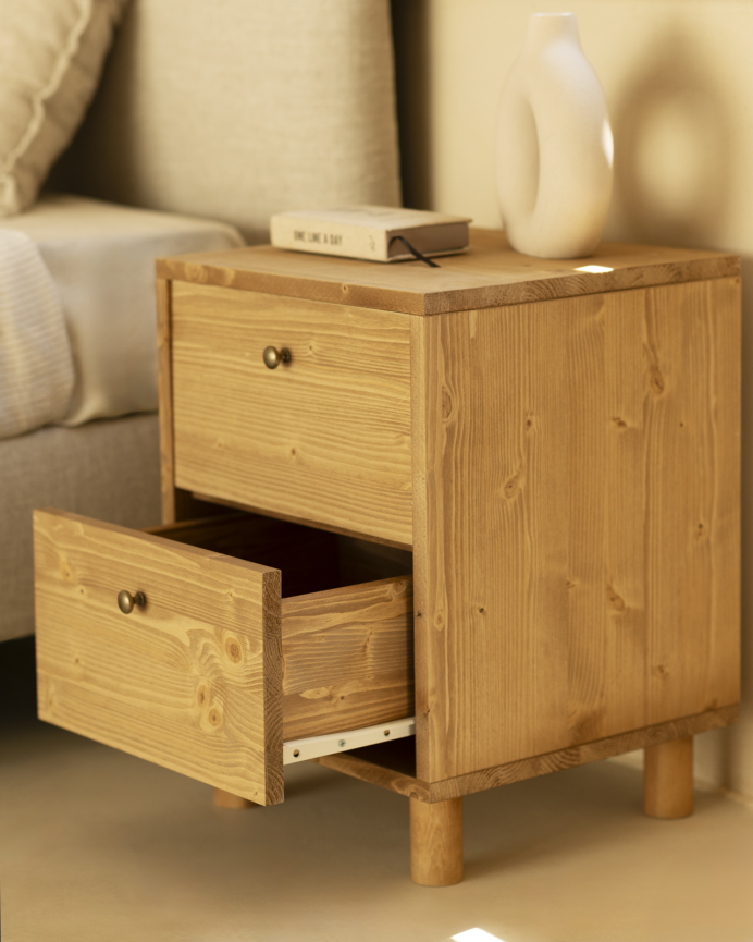 Pack de 2 tables de chevet en bois massif avec deux tiroirs ton chêne moyen de 51x38cm