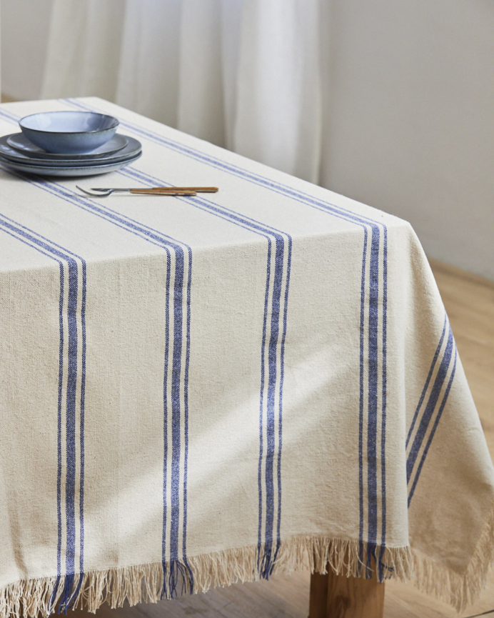 Nappe en coton bleu et écru disponible en plusieurs tailles