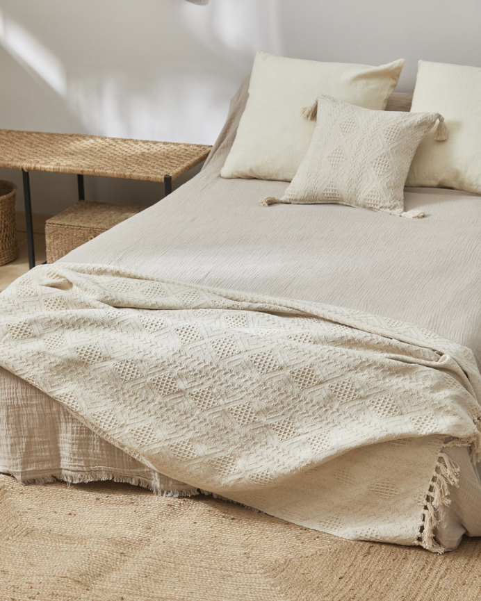 Plaid en coton jacquard écru 120x180 cm