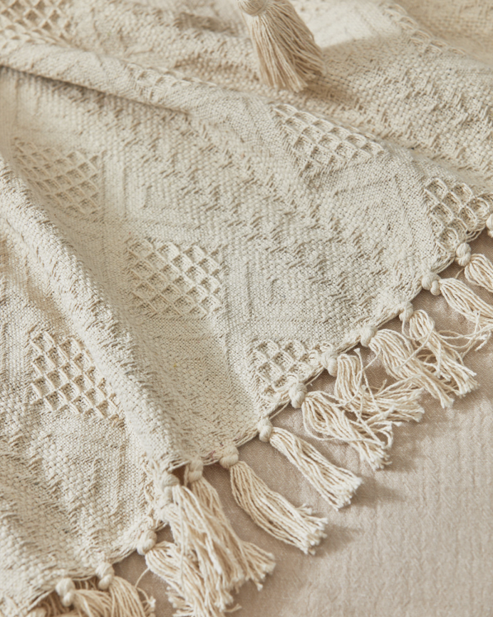 Plaid en coton jacquard écru 120x180 cm