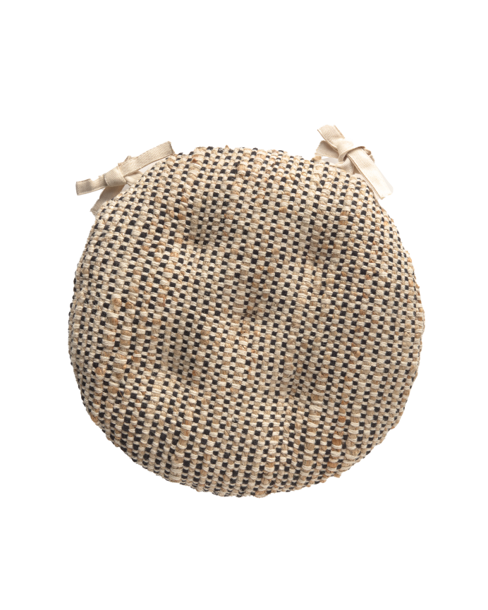 Coussin de chaise rond en jute et coton noir 40x4 cm
