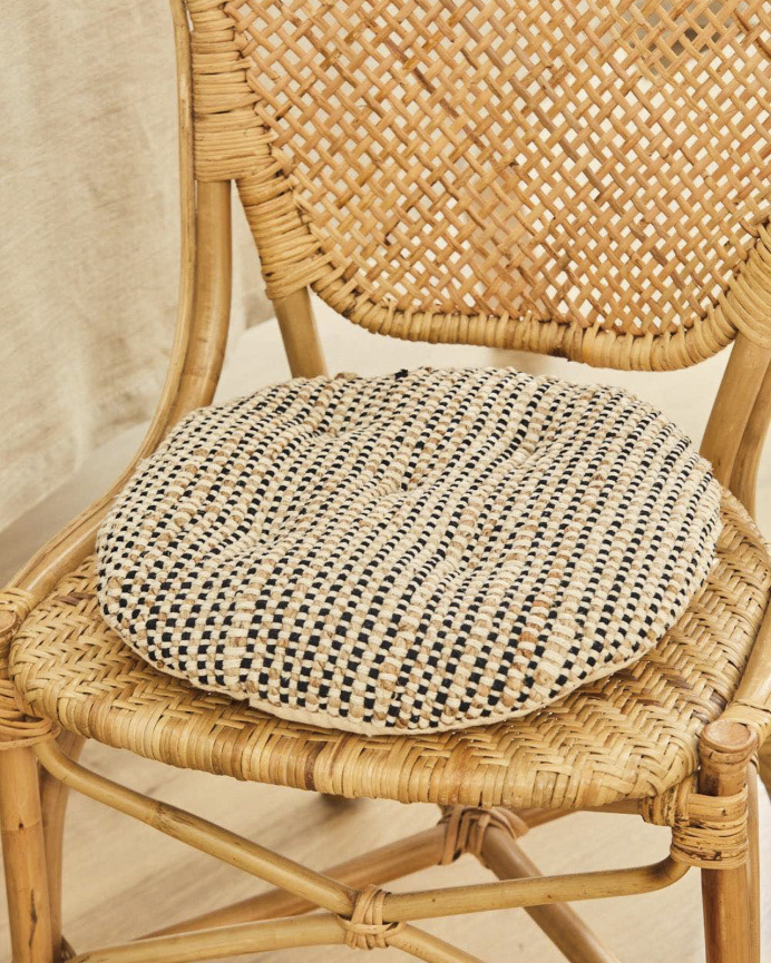 Coussin de chaise rond en jute et coton noir 40x4 cm