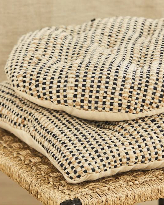 Coussin de chaise rond en jute et coton noir 40x4 cm