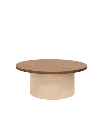 Table basse ronde en bois massif teinte chêne foncé avec pieds en microciment teinte terre disponible en différentes dimensions