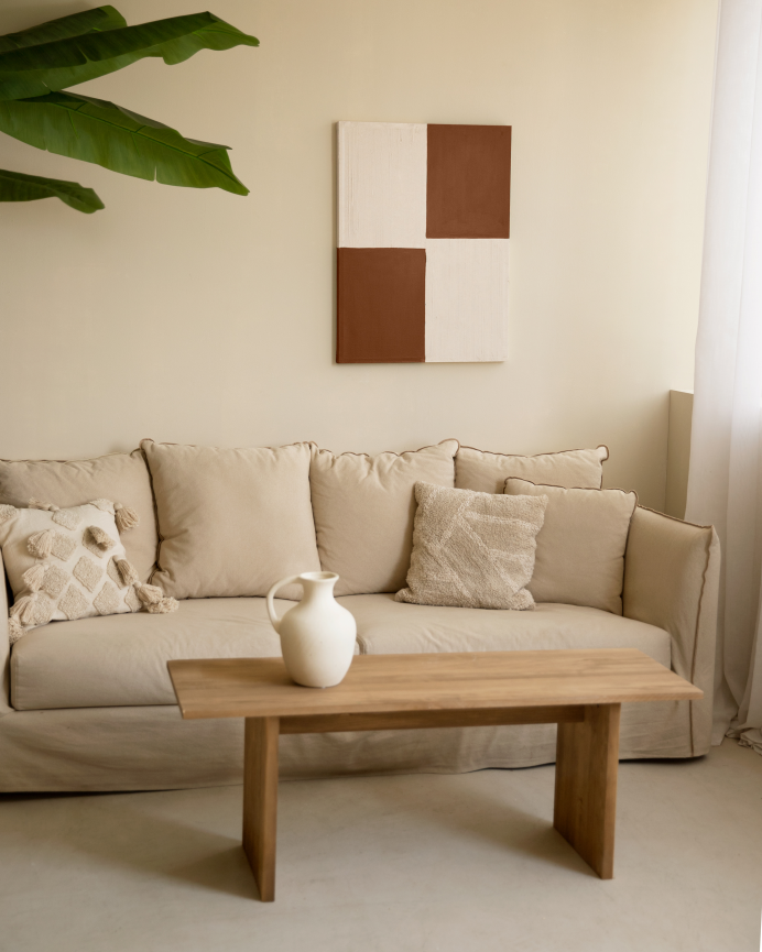 Tableau tuiles et blanc décoratif sur coton avec cadre en bois peint à la main à la peinture à l'huile en différentes tailles