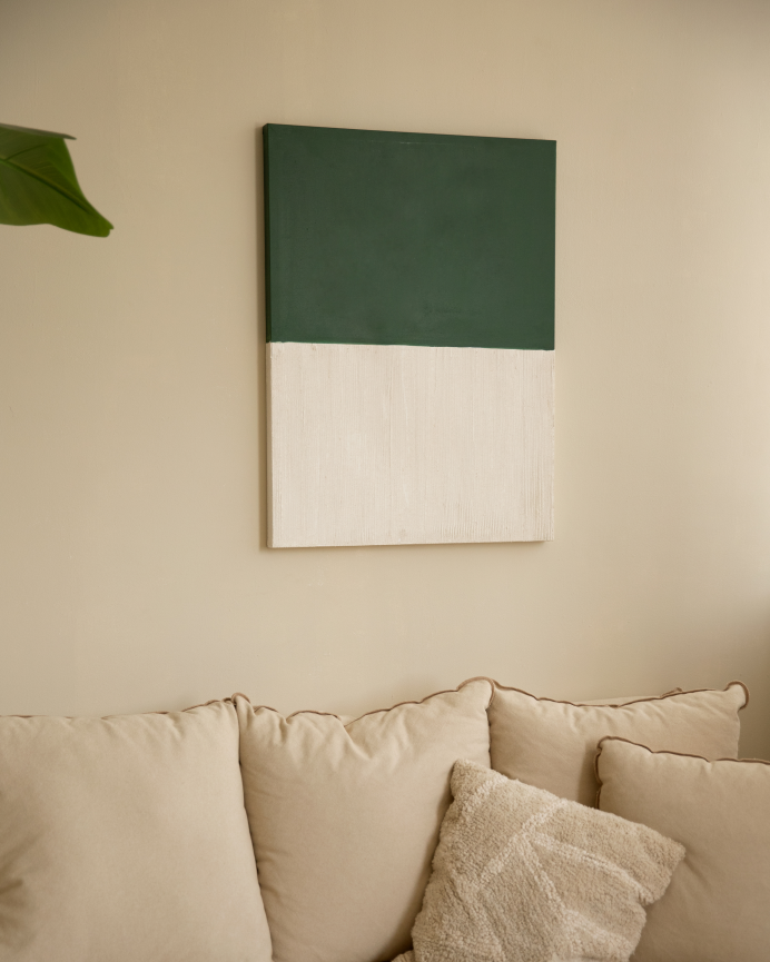 Tableau vert et blanc décoratif sur coton avec cadre en bois peint à la main à la peinture à l'huile en différentes tailles