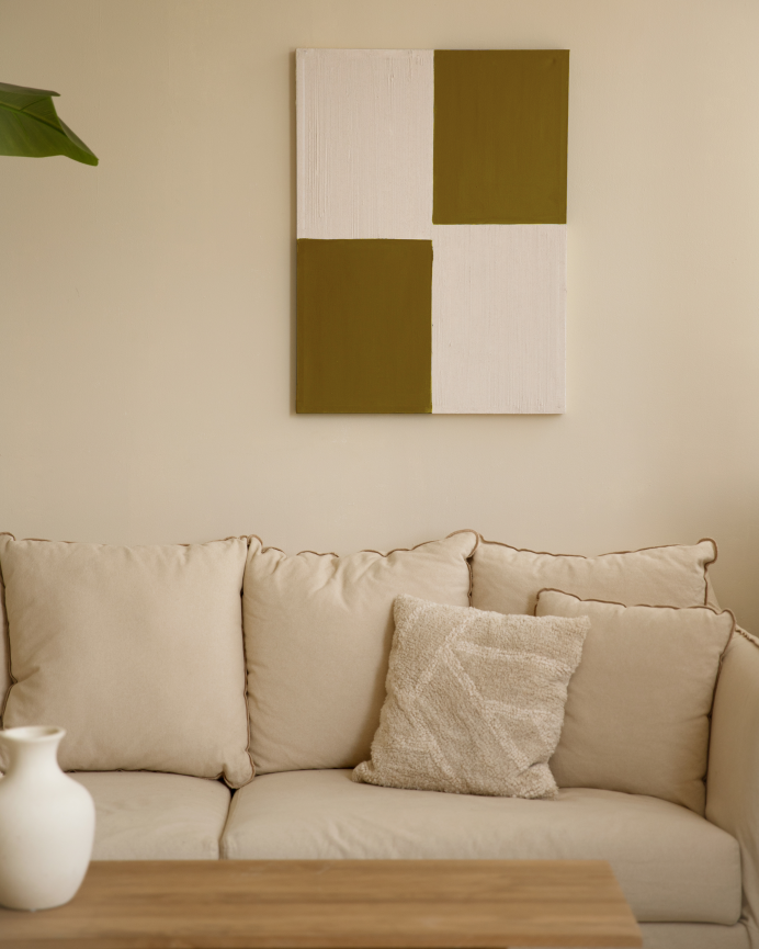 Tableau moutarde et blanc décoratif sur coton avec cadre en bois peint à la main à la peinture l'huile en différentes tailles
