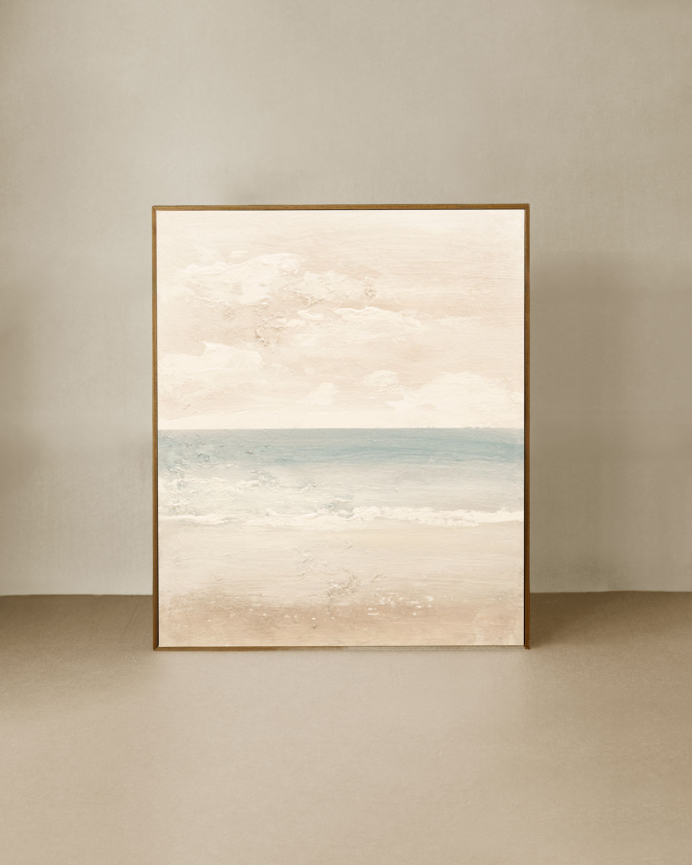 Tableau beige et bleu décoratif sur coton avec cadre en bois peint à la main à la peinture à l'huile en différentes tailles