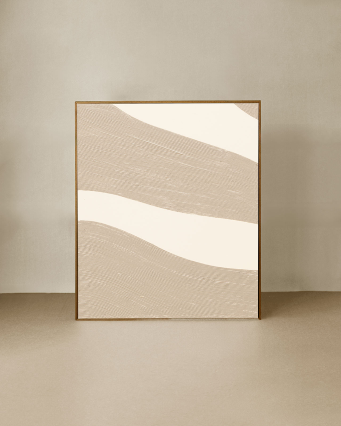 Tableau beige et blanc décoratif sur coton avec cadre en bois peint à la main à la peinture à l'huile en différentes tailles