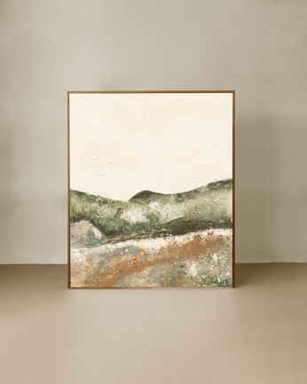 Tableau beige et vert décoratif sur coton avec cadre en bois peint à la main à la peinture à l'huile en différentes tailles