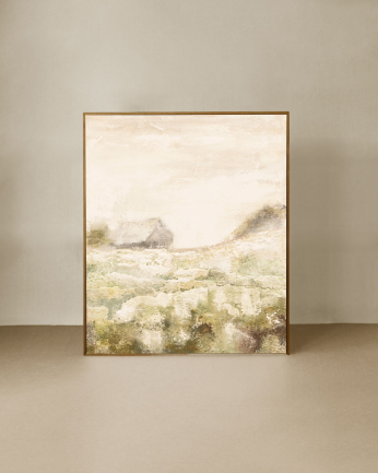 Tableau beige et vert décoratif sur coton avec cadre en bois peint à la main à la peinture à l'huile en différentes tailles