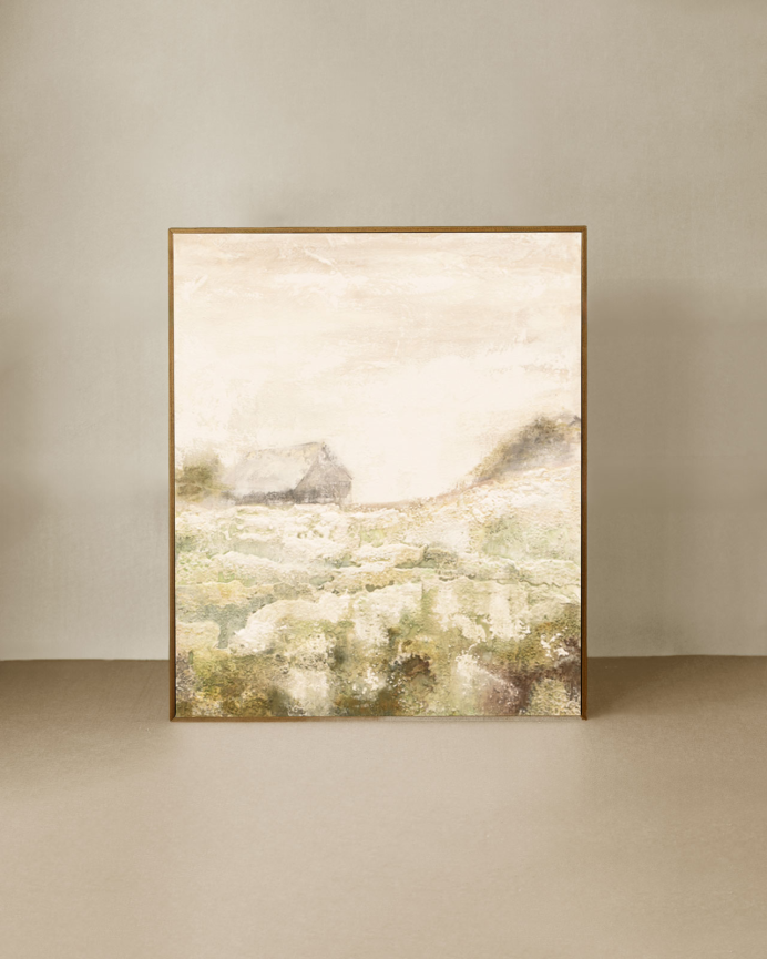 Tableau beige et vert décoratif sur coton avec cadre en bois peint à la main à la peinture à l'huile en différentes tailles