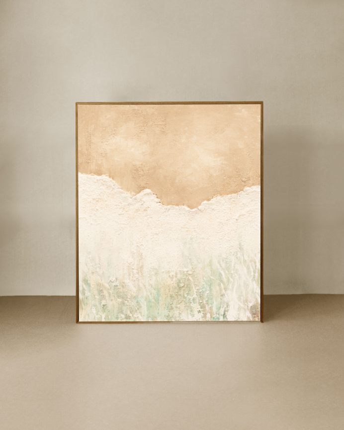Tableau beige et blanc décoratif sur coton avec cadre en bois peint à la main à la peinture à l'huile en différentes tailles