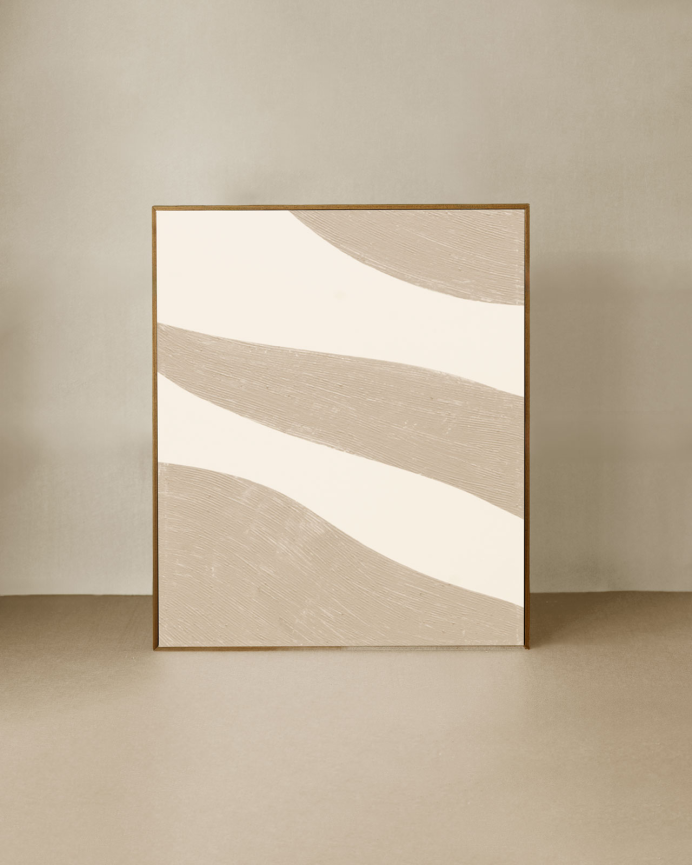 Tableau beige et blanc décoratif sur coton avec cadre en bois peint à la main à la peinture à l'huile en différentes tailles