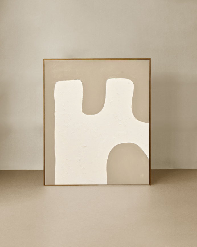 Tableau beige et blanc décoratif sur coton avec cadre en bois peint à la main à la peinture à l'huile en différentes tailles