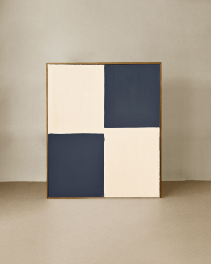 Tableau bleu et blanc décoratif sur coton avec cadre en bois peint à la main à la peinture à l'huile en différentes tailles