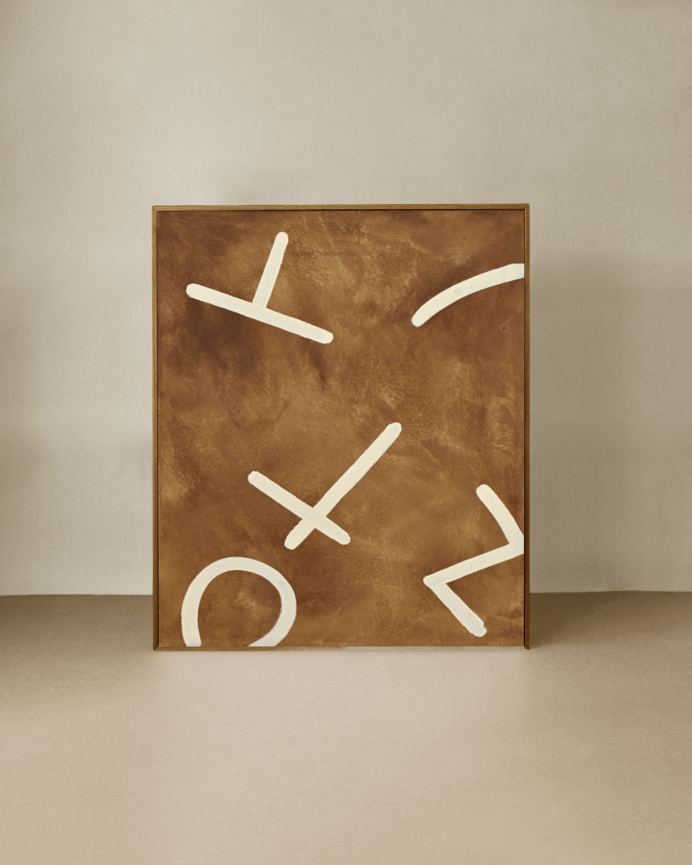 Tableau marron et blanc décoratif sur coton avec cadre en bois peint à la main à la peinture à l'huile en différentes tailles