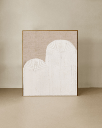 Tableau blanc e beige décoratif sur lin avec cadre en bois peint à la main à la peinture à l'huile en différentes tailles