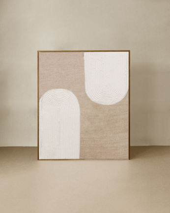 Tableau beige et blanc décoratif sur lin avec cadre en bois peint à la main à la peinture à l'huile en différentes tailles
