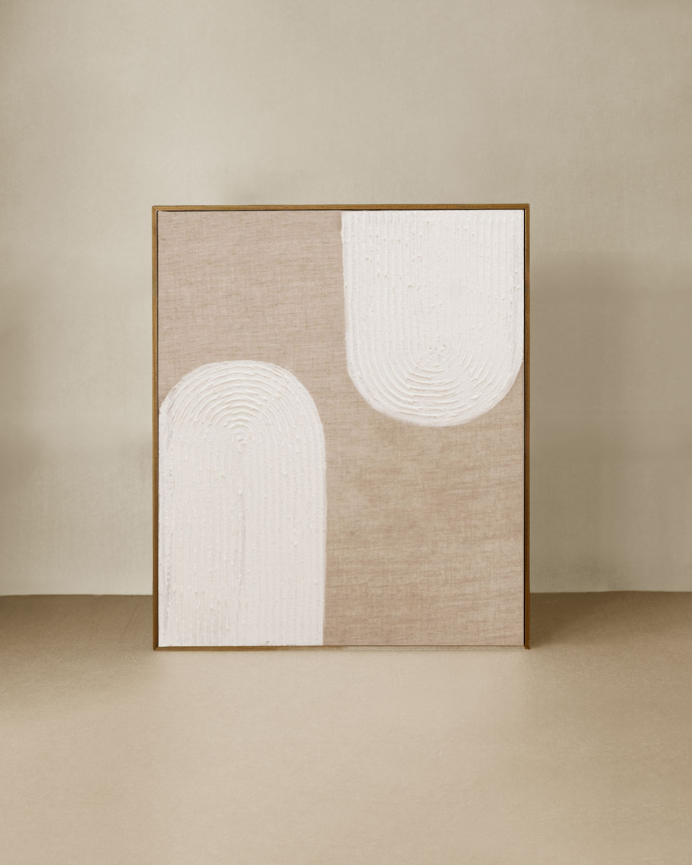 Tableau beige et blanc décoratif sur lin avec cadre en bois peint à la main à la peinture à l'huile en différentes tailles