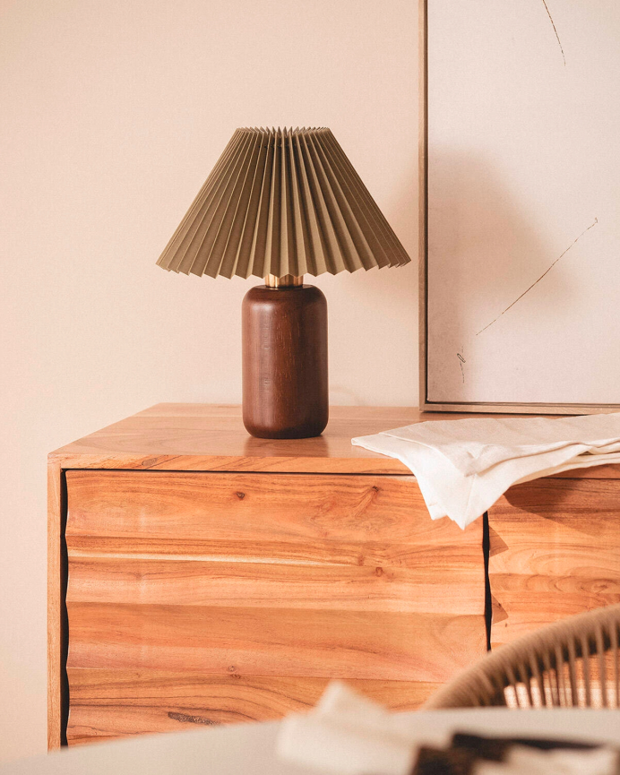 Lampe de table de bois et tissu kaki de 35cm