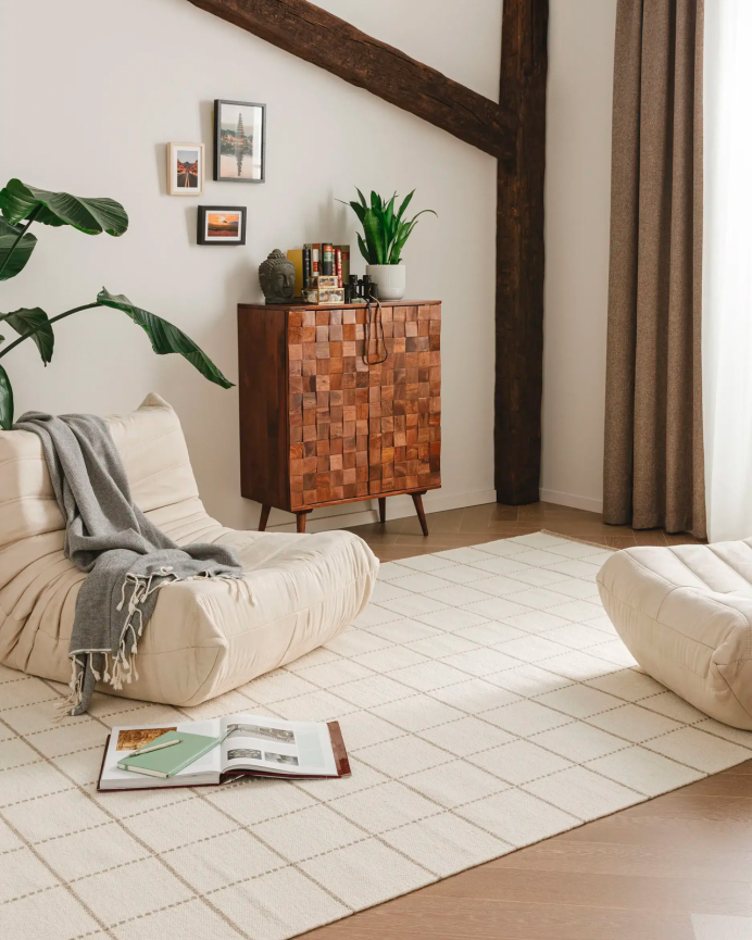 Tapis rectangulaire en coton et laine crème dans plusieurs mesures