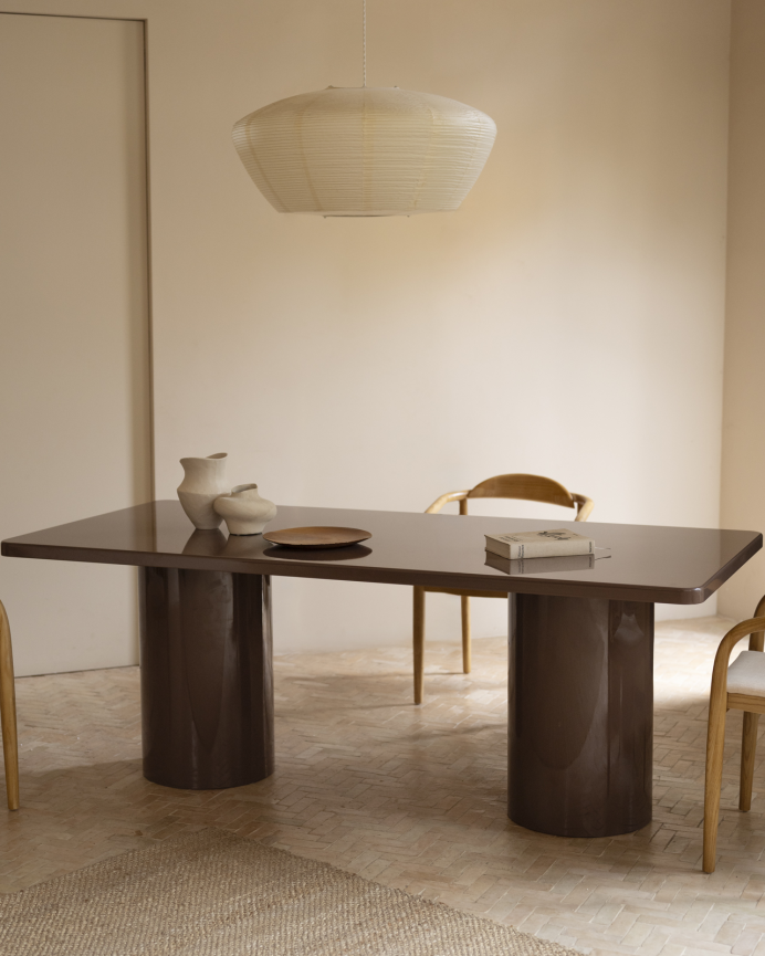 Table de salle à manger rectangulaire en bois naturel de peuplier ton laqué brillant marron en plusieurs mesures