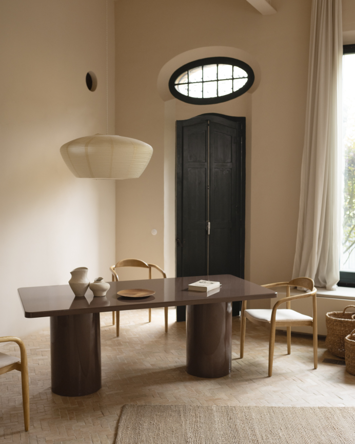 Table de salle à manger rectangulaire en bois naturel de peuplier ton laqué brillant marron en plusieurs mesures