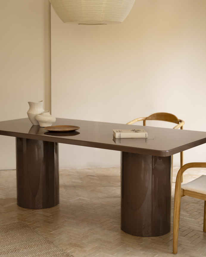 Table de salle à manger rectangulaire en bois naturel de peuplier ton laqué brillant marron en plusieurs mesures