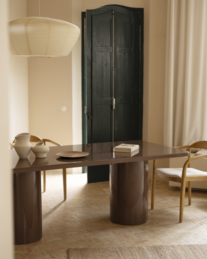 Table de salle à manger rectangulaire en bois naturel de peuplier ton laqué brillant marron en plusieurs mesures