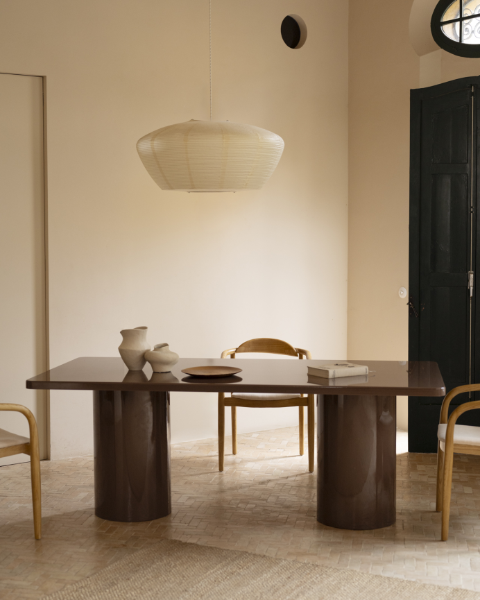 Table de salle à manger rectangulaire en bois naturel de peuplier ton laqué brillant marron en plusieurs mesures