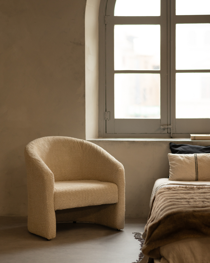 Fauteuil rond revêtu en tissu mouton beige 80x85cm