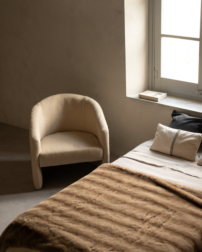 Fauteuil rond revêtu en tissu beige 80x85cm