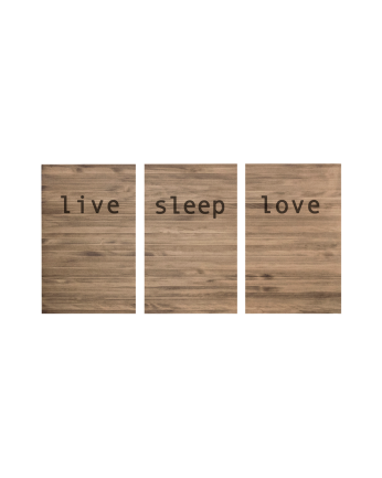 Pannello trittico in legno massello con stampa del motivo Live love sleep in tonalità di rovere scuro di varie misure