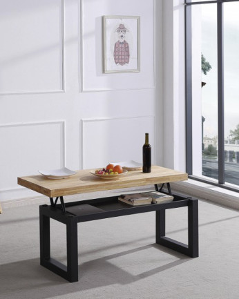 Tavolino da salotto in legno massello con gambe in ferro di colore nero di 43x120cm