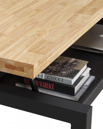 Tavolino da salotto in legno massello con gambe in ferro di colore nero di 43x120cm