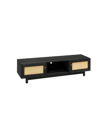Mobile TV in legno massello e rafia a 2 porte in tonalità nera di 150x40cm