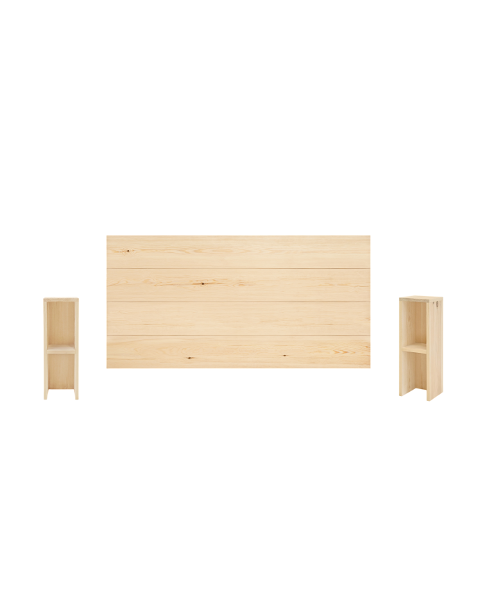Pacchetto testiera e comodini in legno massello in tonalità naturale di varie dimensioni