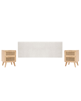 Pacchetto di testiera imbottita in tonalità beige e 2 comodini in legno massello in tonalità naturale di varie misure.