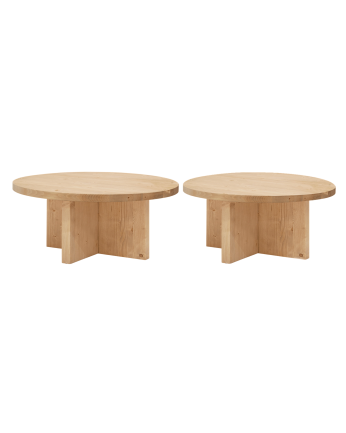 Pacchetto 2 tavoli rotondi da centro in legno massello in tonalità rovere medio 80x80cm