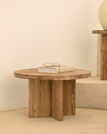 Pacchetto 2 tavolini rotondi in legno massello in tonalità di rovere scuro 80x80cm