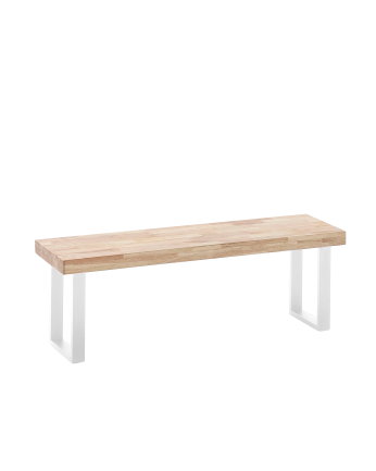 Panchina in legno massello colore naturale con gambe in ferro bianche di 47x120cm