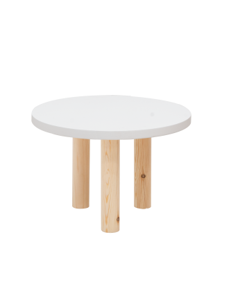 Tavolino rotondo in legno massello con piano in tonalità bianca e gambe in tonalità naturale di 40x60cm.