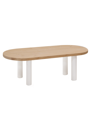 Tavolino ovale in legno massello con piano in tonalità media di rovere e gambe di tonalità bianca di 40x120cm