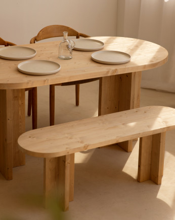 Set tavolo da pranzo ovale e panca in legno massello color rovere medio di varie misure