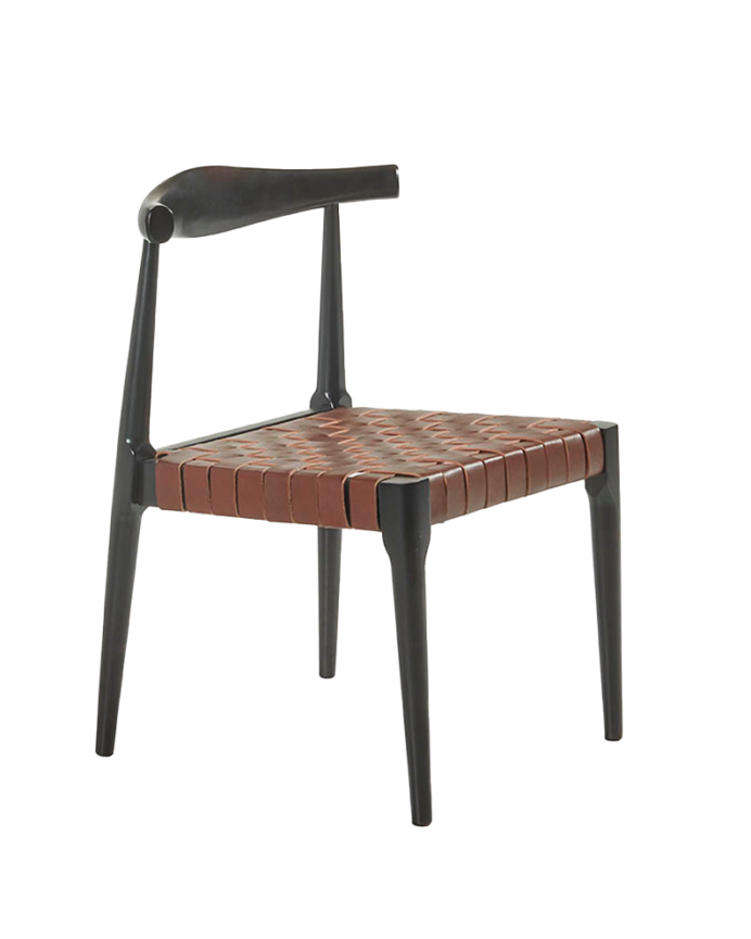 Sedia in legno massello con sedile intrecciato marrone e gambe nere di 77cm