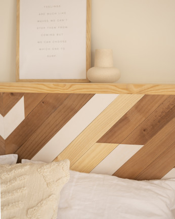 Testata del letto in legno massello in stile etnico in toni di rovere scuro, naturale e bianco di 80x165cm
