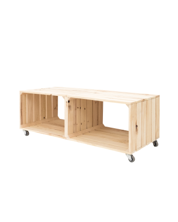 Tavolo basso in legno massello in tono naturale con ruote di 98x44x44,6 cm.